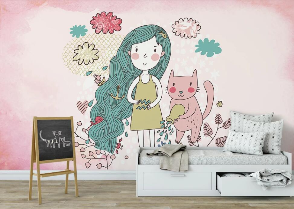 3D Girl And Cat 911 Wall Murals