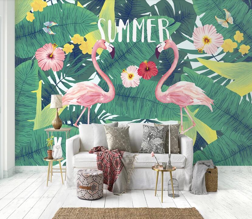 3D Pink Flamingos In Summer 1066 Wall Murals