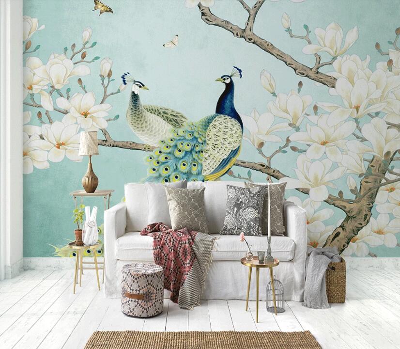 3D Elegant Cyan Peacocks 951 Wall Murals
