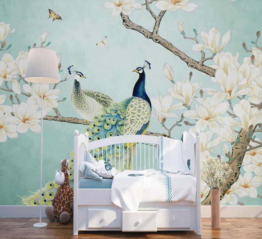 3D Elegant Cyan Peacocks 951 Wall Murals