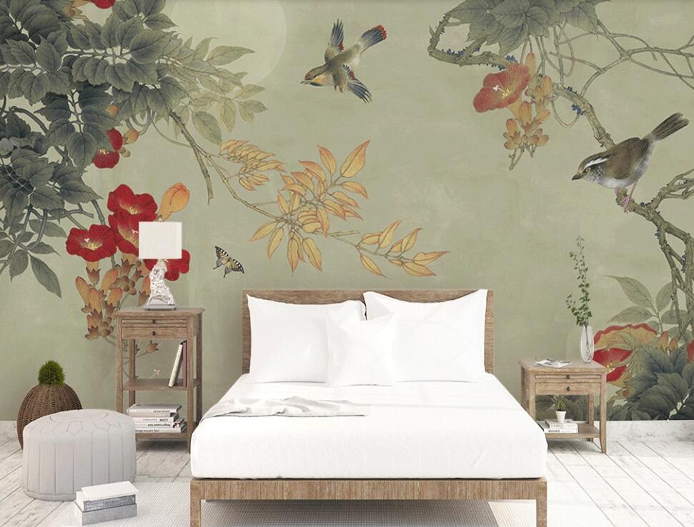 3D Cyan Tree Bird Illustration 898 Wall Murals