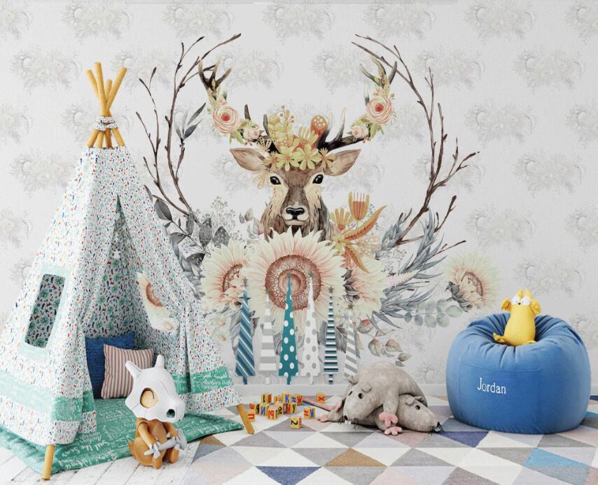 3D Gray Sunflower And Deer 883 Wall Murals