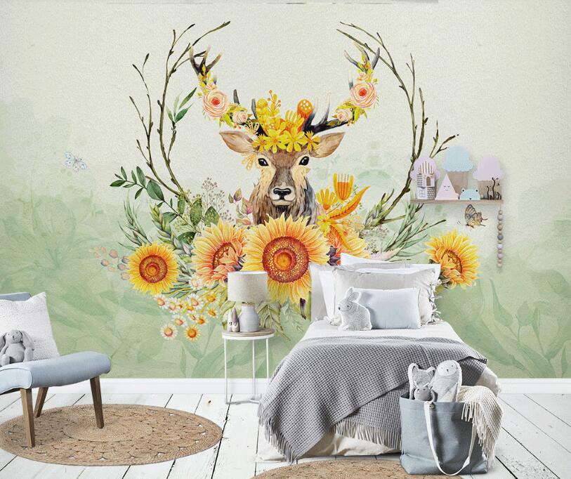 3D Deer And Sunflower 881 Wall Murals