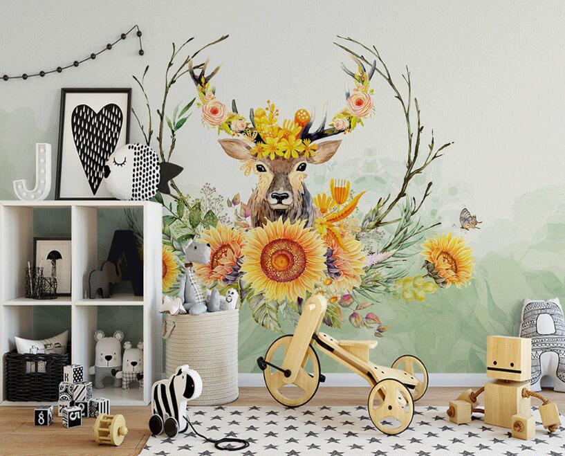 3D Deer And Sunflower 881 Wall Murals