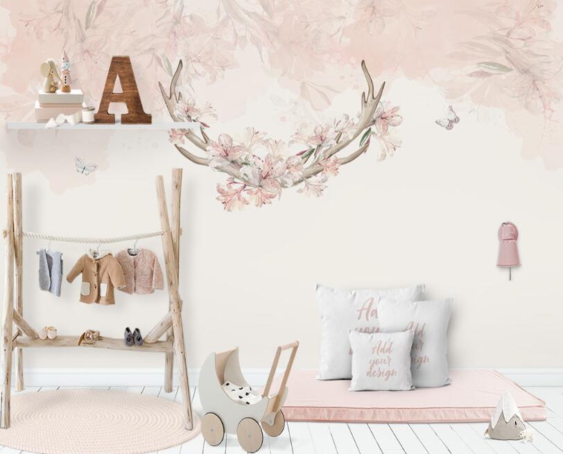 3D Antlers Entwined By Flowers 877 Wall Murals