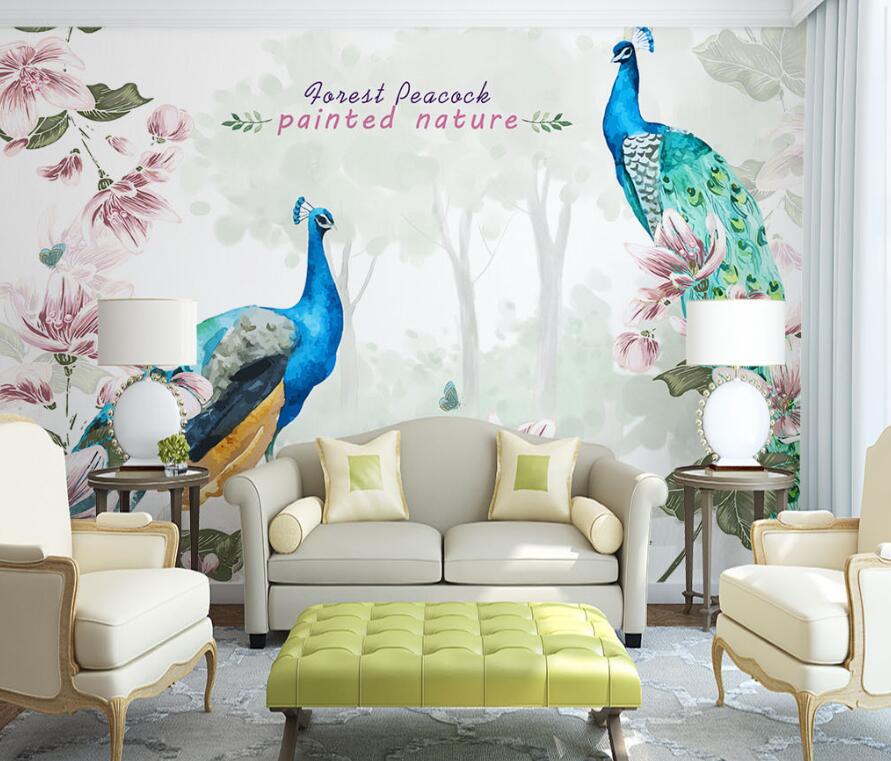 3D Two Peacocks 051 Wall Murals