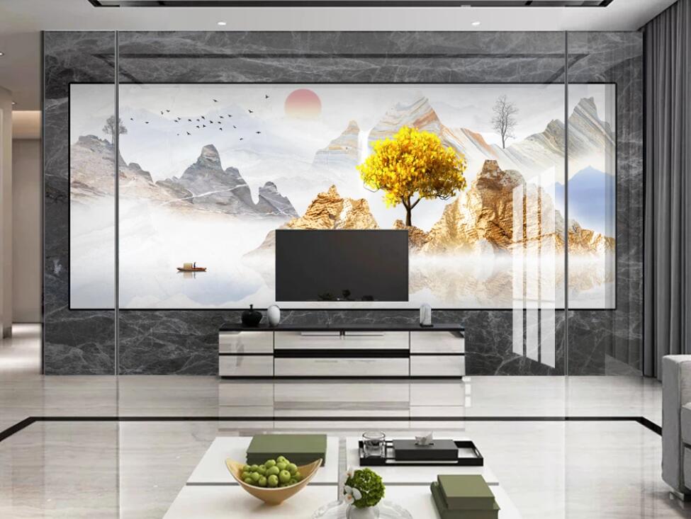 3D Golden Mountain Trees 350 Wall Murals