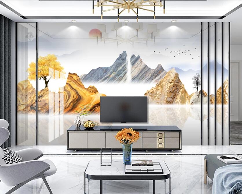 3D Fog Golden Mountain 321 Wall Murals