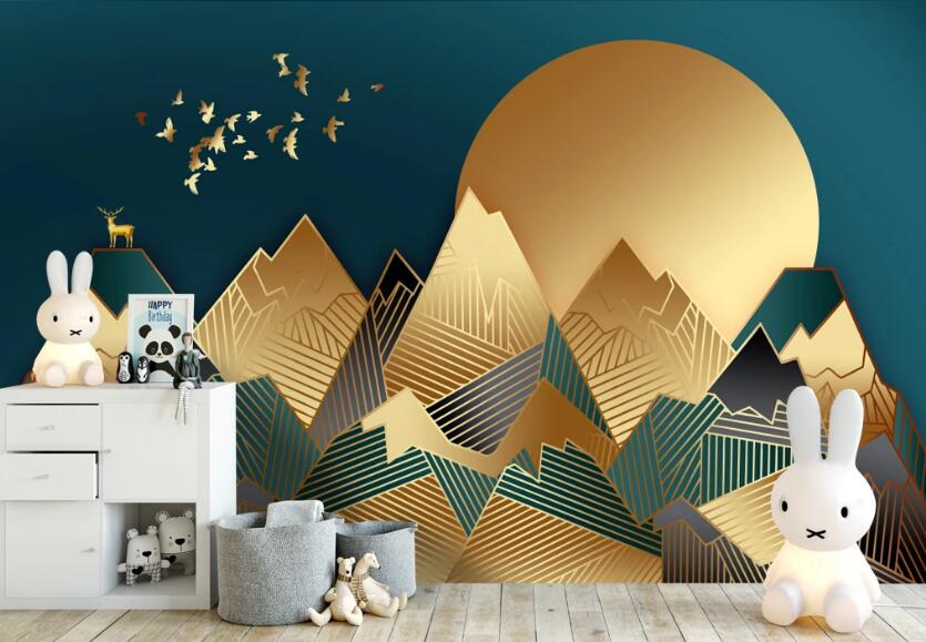 3D Golden Mountain Full Moon 320 Wall Murals