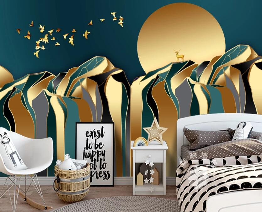 3D Golden Mountain Full Moon 319 Wall Murals