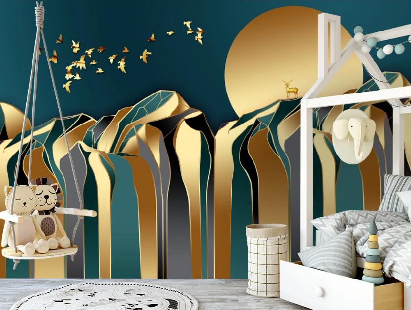 3D Golden Mountain Full Moon 319 Wall Murals