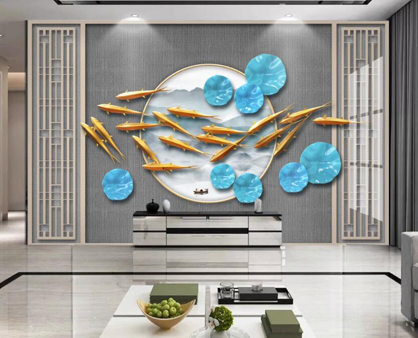 3D Goldfish Lotus Leaf 303 Wall Murals