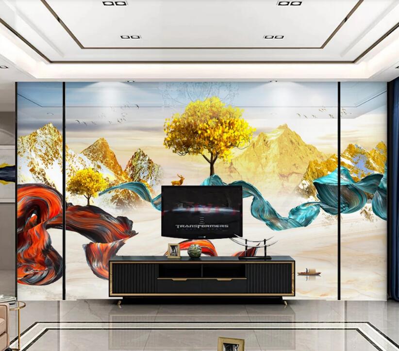 3D Golden Mountain Trees 221 Wall Murals