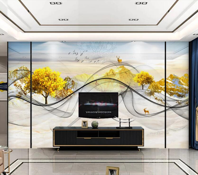 3D Yellow Mountain Trees 131 Wall Murals