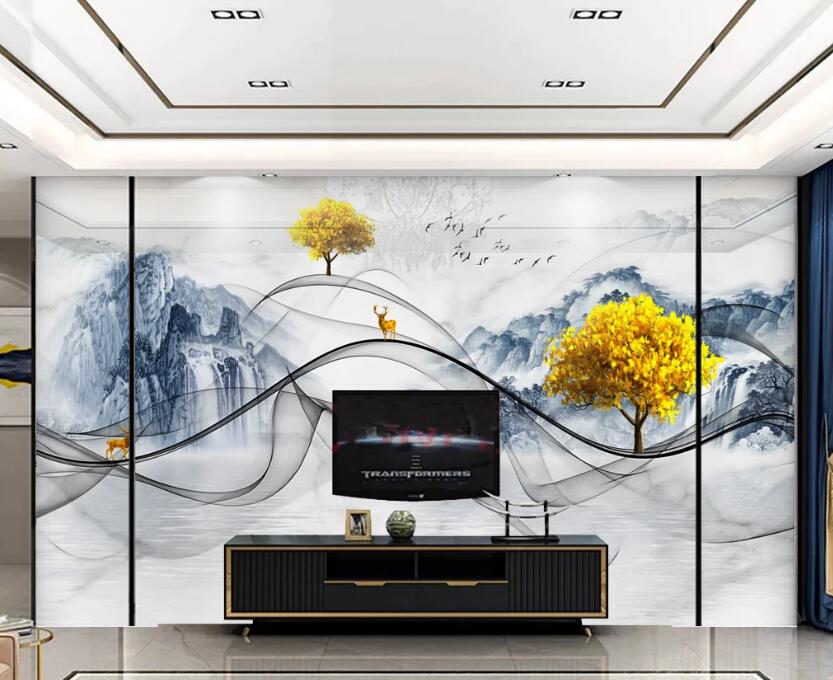 3D Blue Mountain Trees 130 Wall Murals