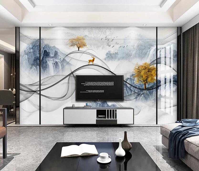 3D Mountain Ink Satin 078 Wall Murals