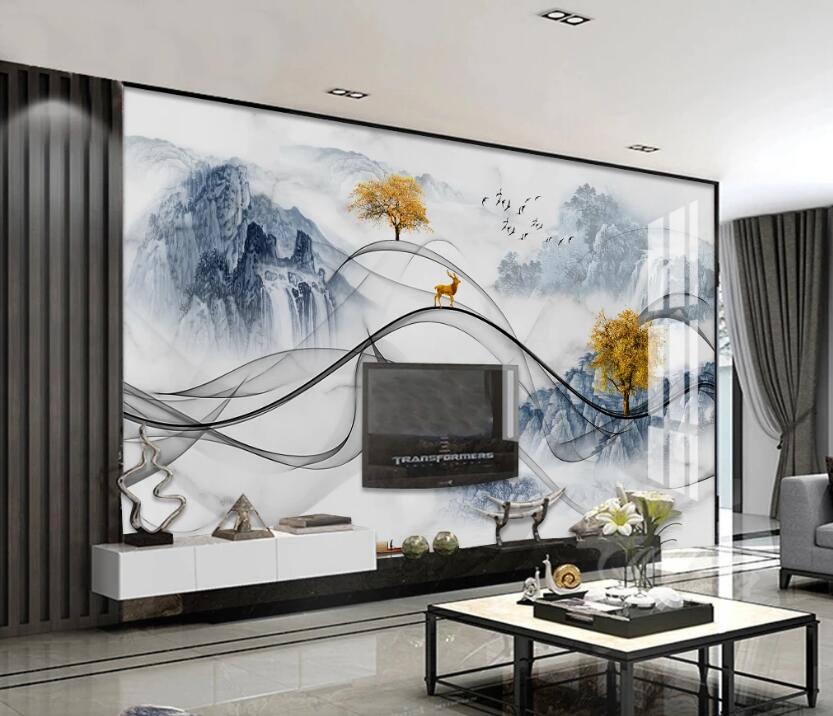 3D Mountain Ink Satin 078 Wall Murals