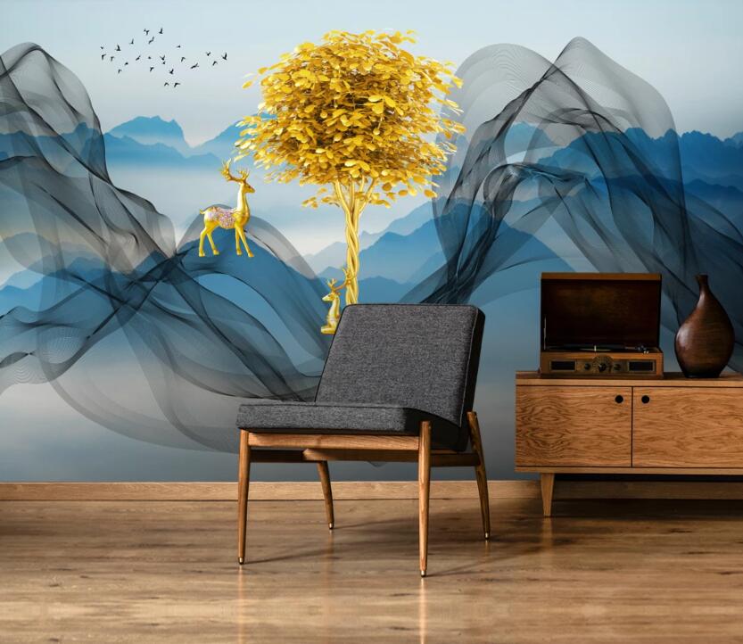 3D Golden Tree And Golden Deer 841 Wall Murals