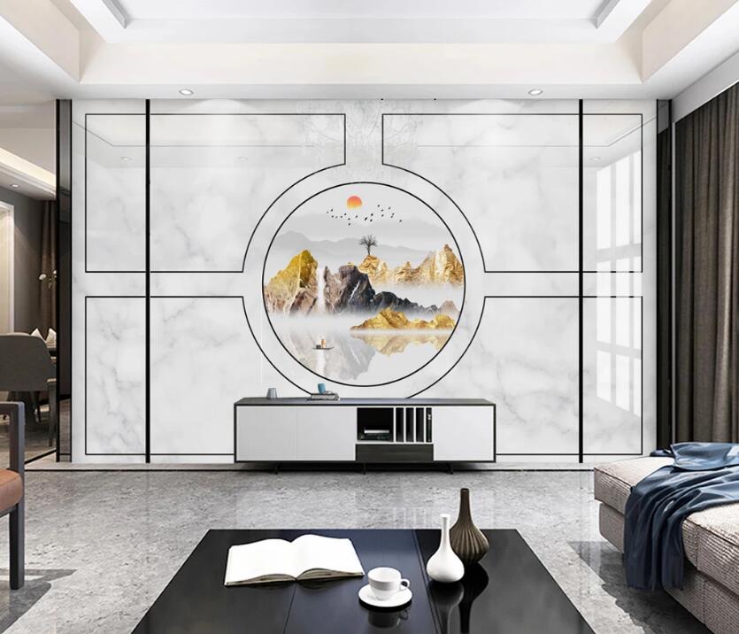 3D Golden Mountain Red Sun 784 Wall Murals