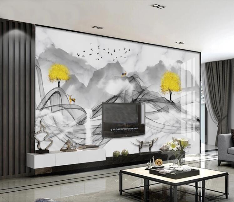 3D Ink Ribbon Yellow Trees 455 Wall Murals