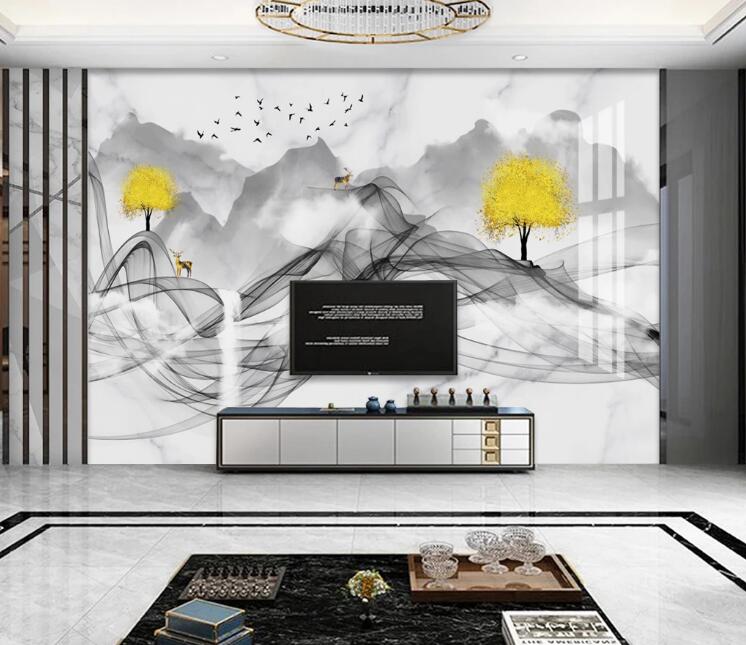 3D Ink Ribbon Yellow Trees 455 Wall Murals