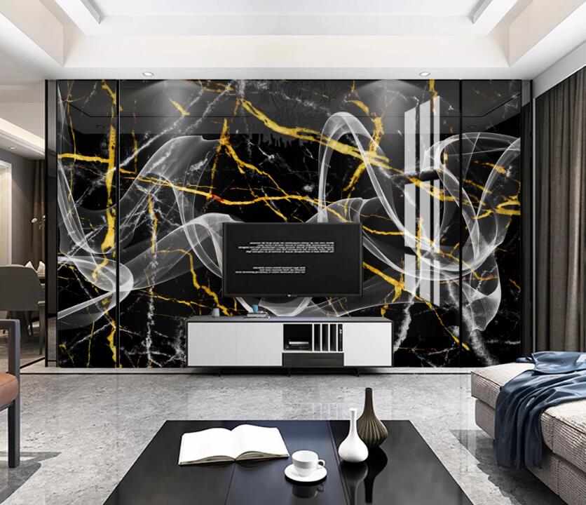 3D Black Texture White Ribbon 768 Wall Murals