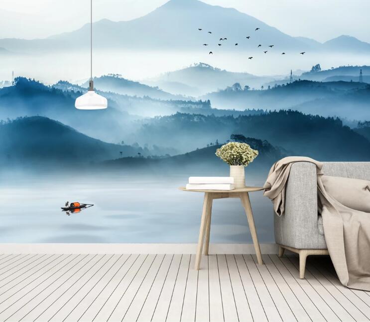 3D Blue Mountains Clouds 446 Wall Murals