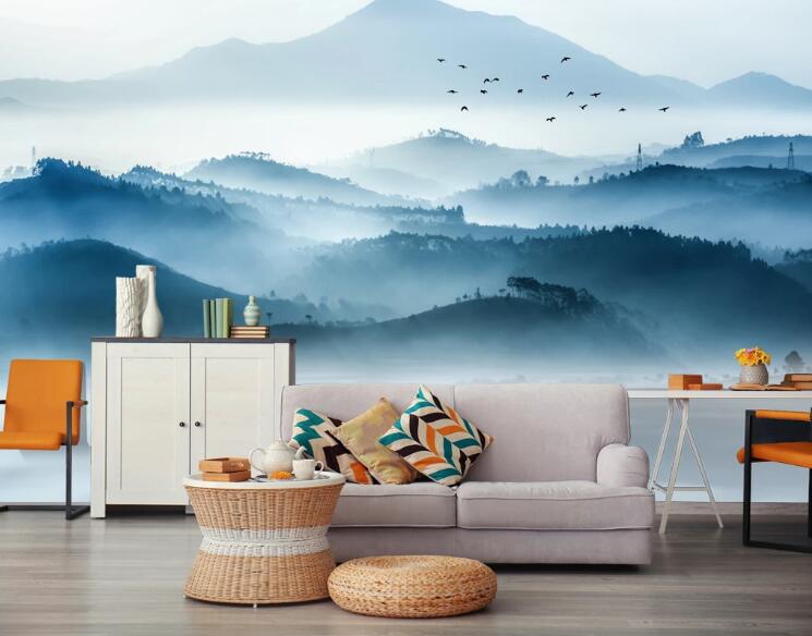 3D Blue Mountains Clouds 446 Wall Murals