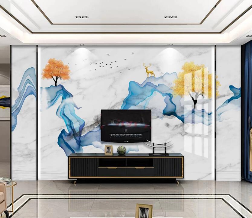 3D Blue Ribbon Gold Deer 731 Wall Murals