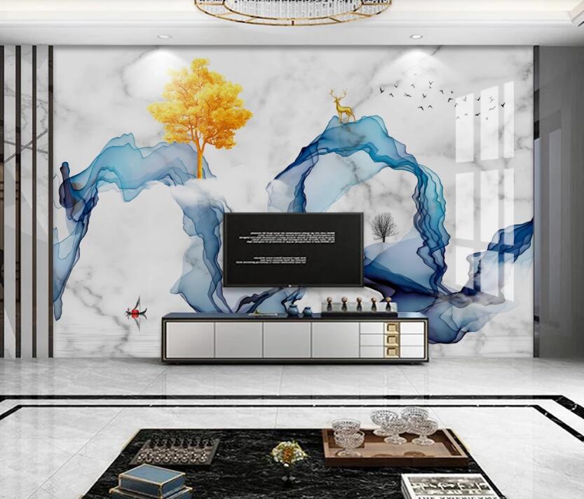 3D Blue Ribbon Golden Tree 728 Wall Murals