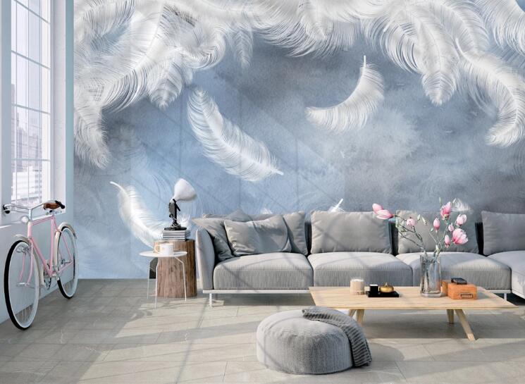 3D Falling White Feathers 406 Wall Murals