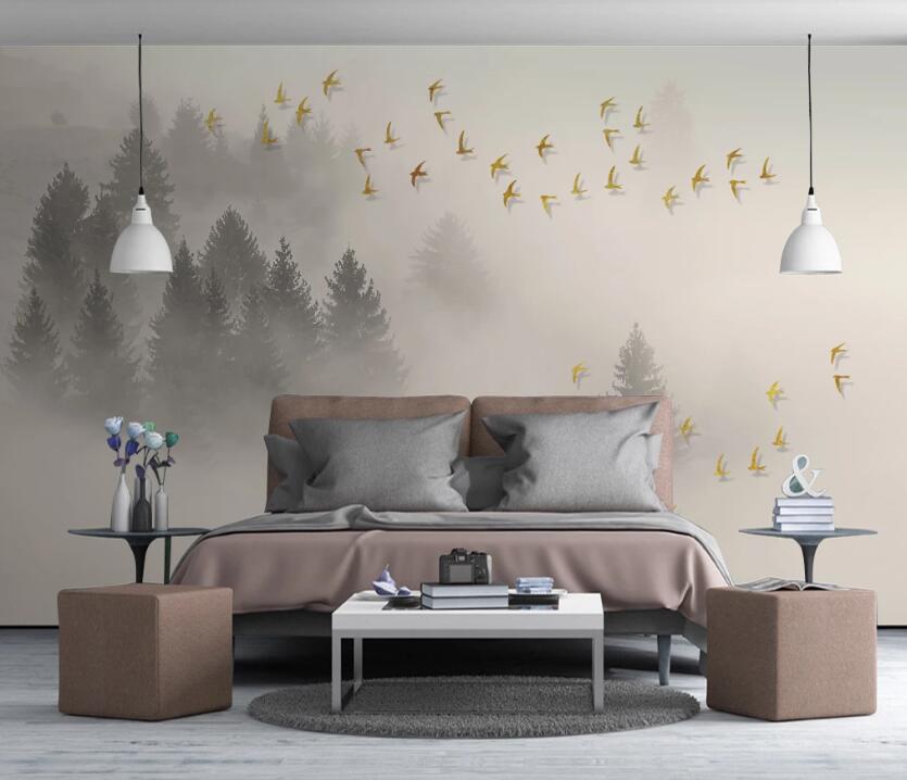 3D Golden Bird Flock 638 Wall Murals