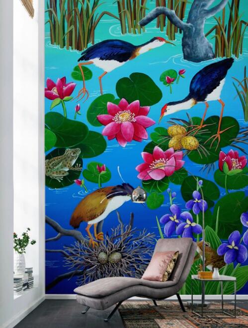 3D Birds On Lotus Leaf 824 Wall Murals