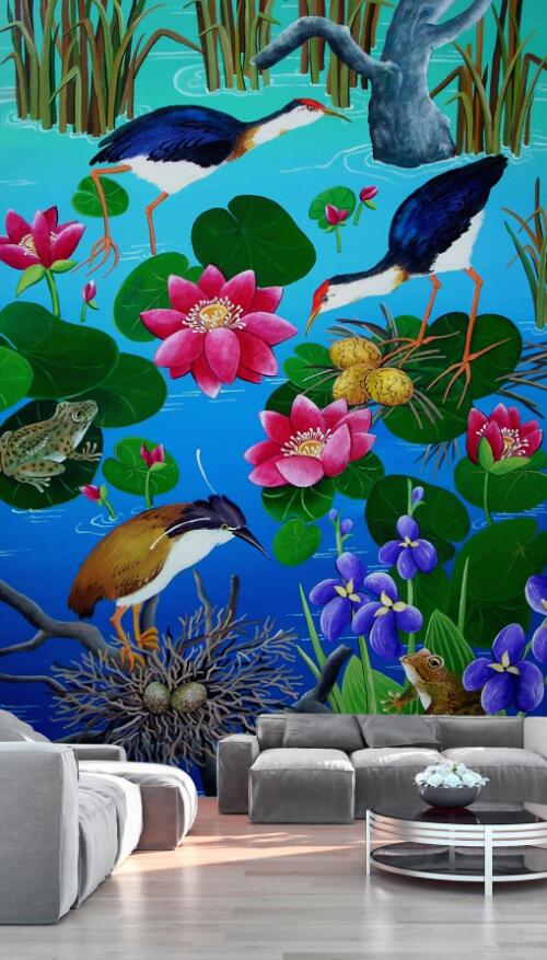 3D Birds On Lotus Leaf 824 Wall Murals
