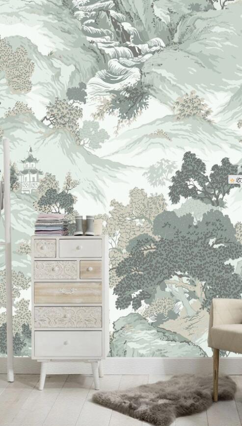 3D Mountain Trees 808 Wall Murals