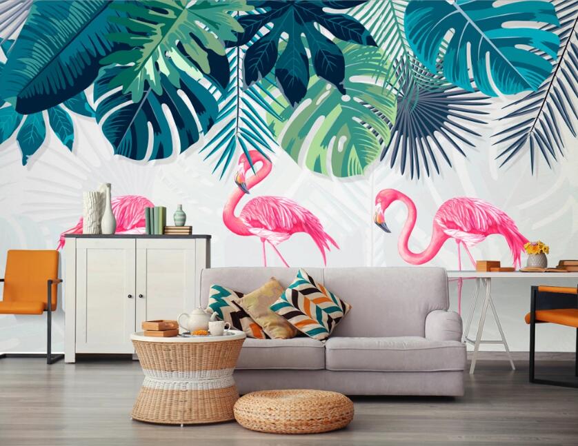 3D Dark Leaves And Love Flamingos 470 Wall Murals