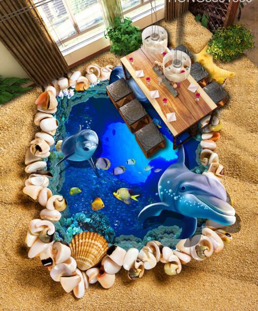 3D Sandy Beach Dolphins Floor Mural Wallpaper AJ Wallpaper 2