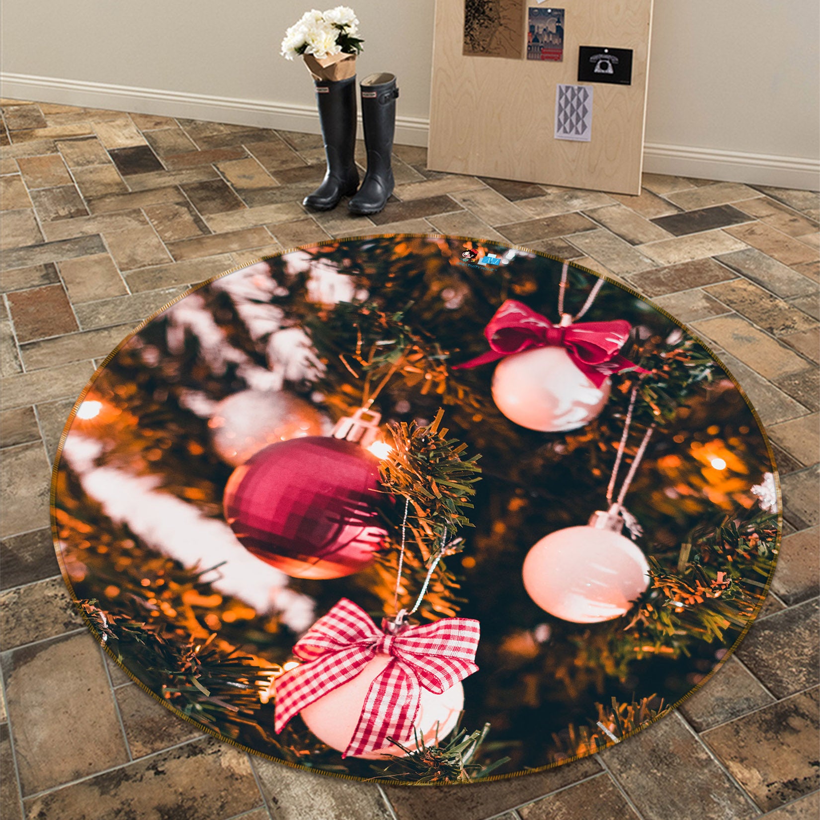 3D Red Ball Pendant 56083 Christmas Round Non Slip Rug Mat Xmas