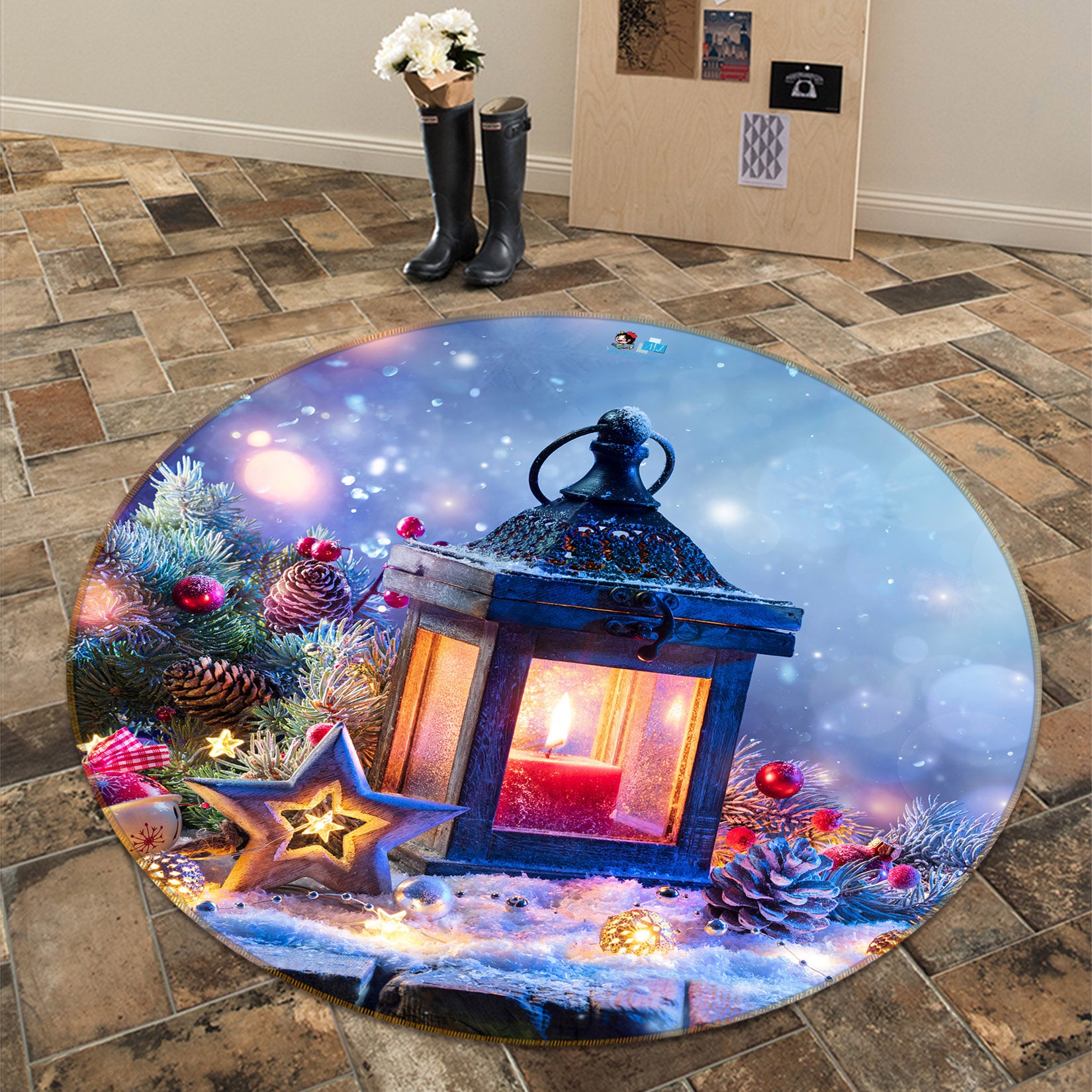 3D Candle Light 56098 Christmas Round Non Slip Rug Mat Xmas