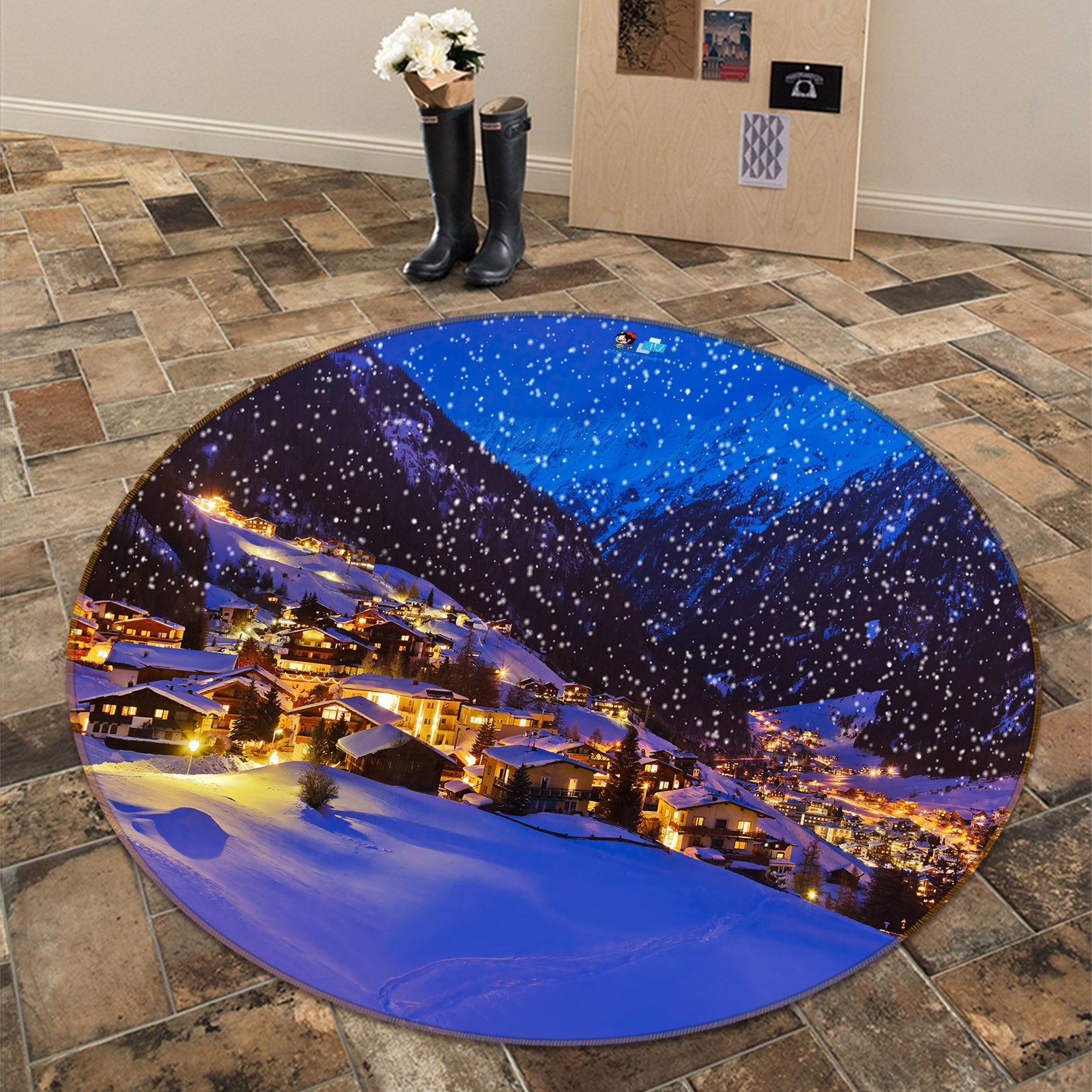 3D Snow Mountain Houses 56070 Christmas Round Non Slip Rug Mat Xmas