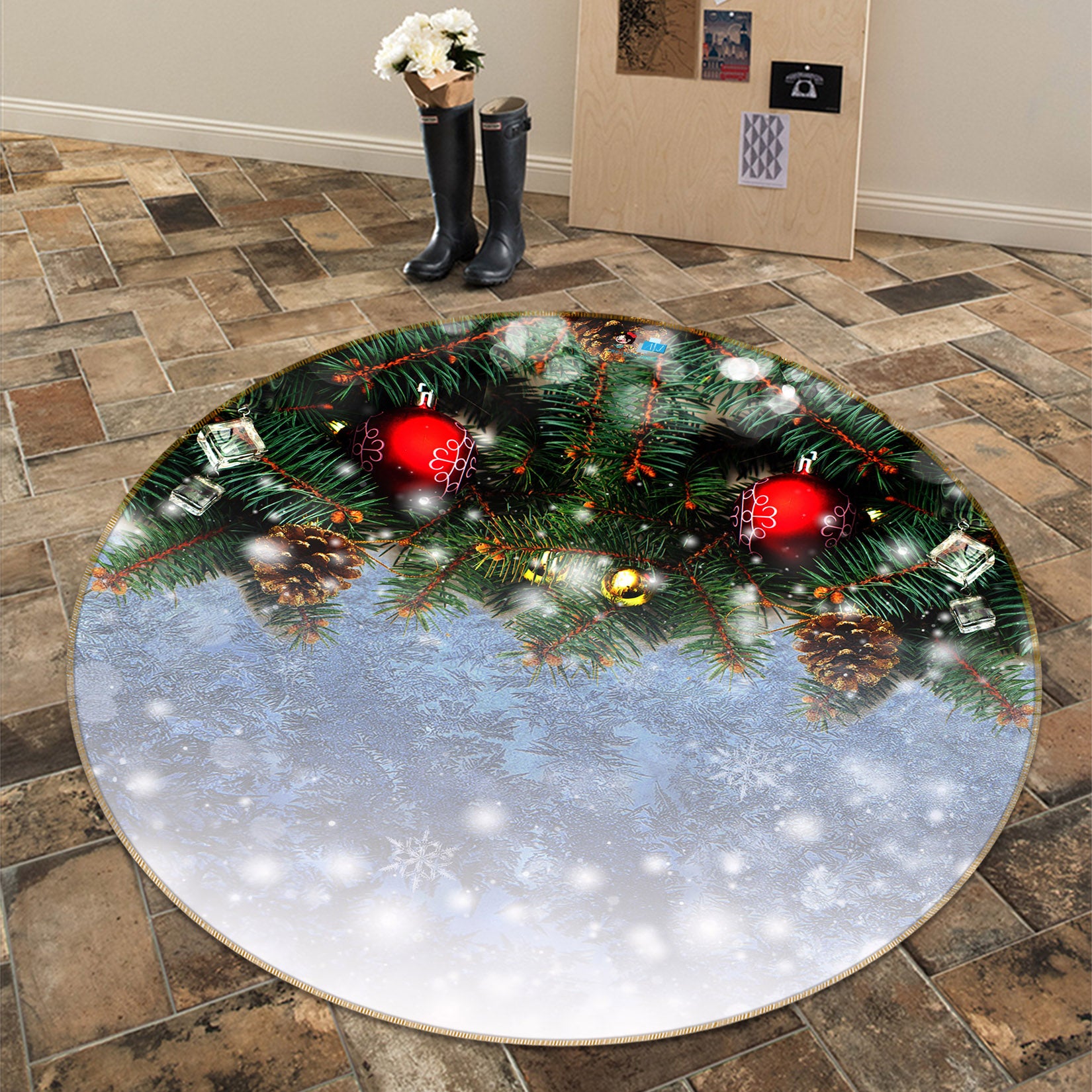 3D Snowflake Tree 56075 Christmas Round Non Slip Rug Mat Xmas