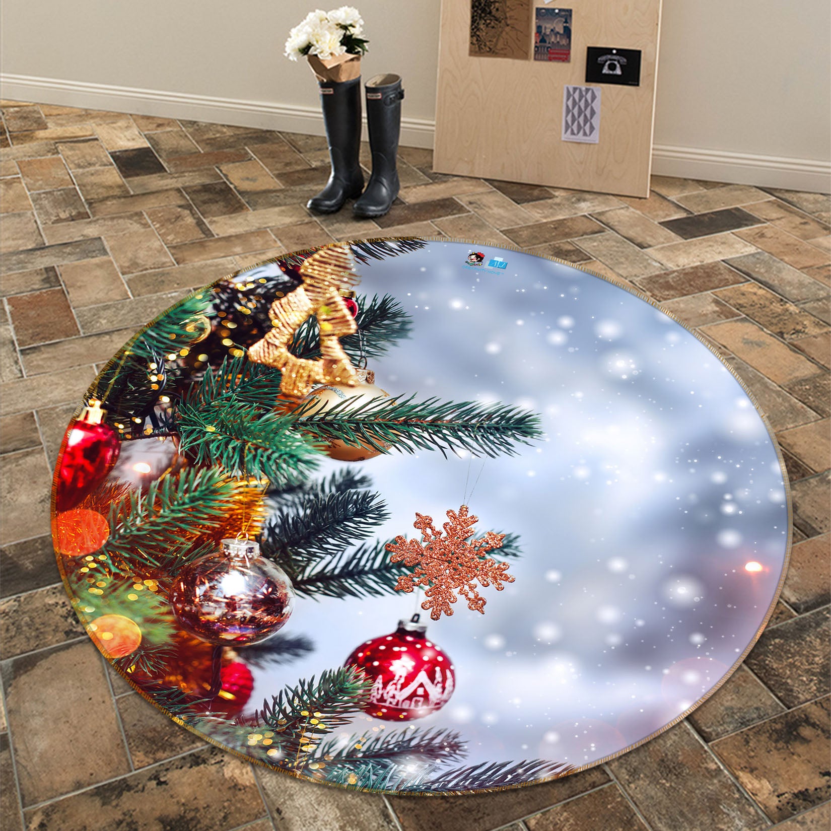 3D Branches Pendant 56044 Christmas Round Non Slip Rug Mat Xmas