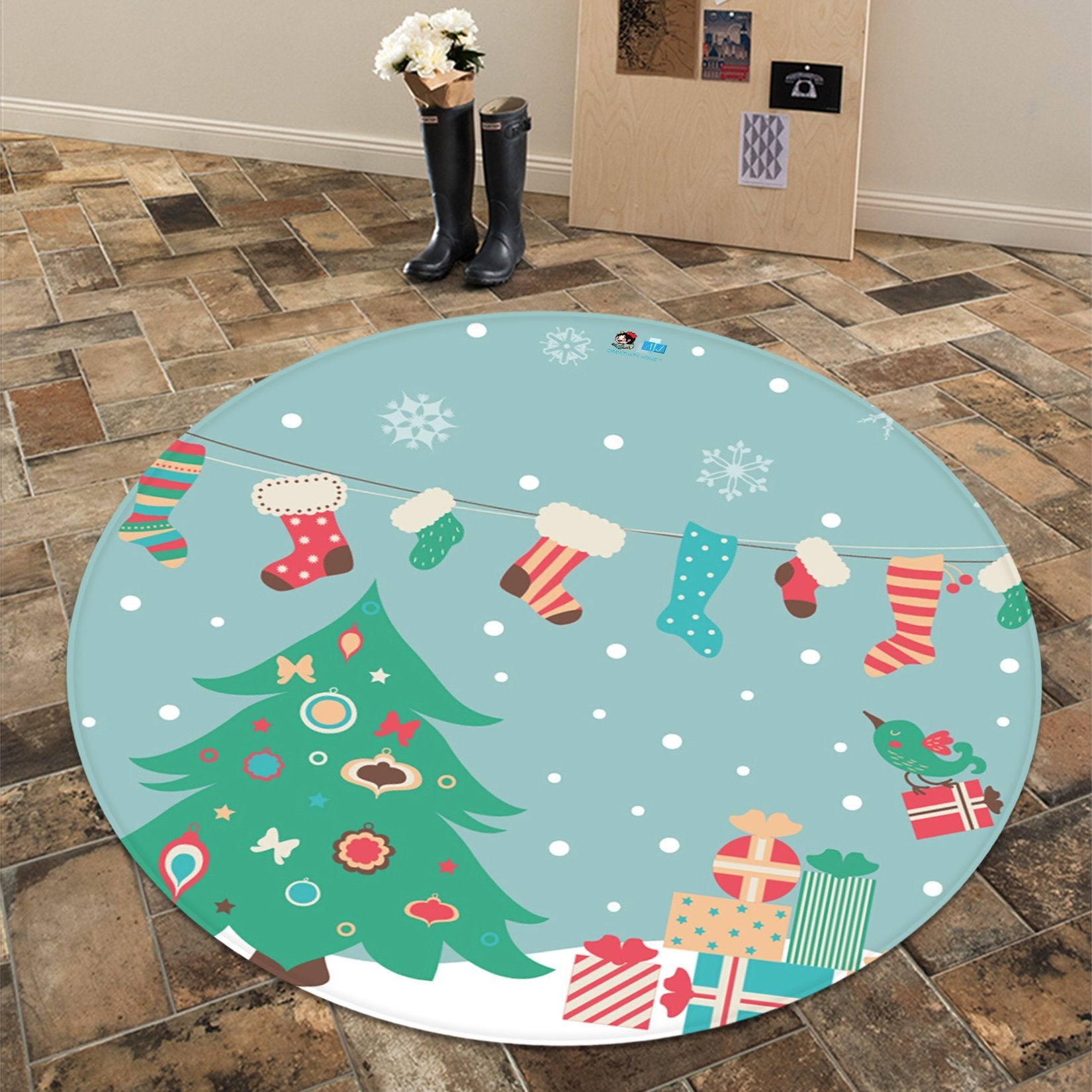 3D Christmas Tree Sock 071 Round Non Slip Rug Mat Mat AJ Creativity Home