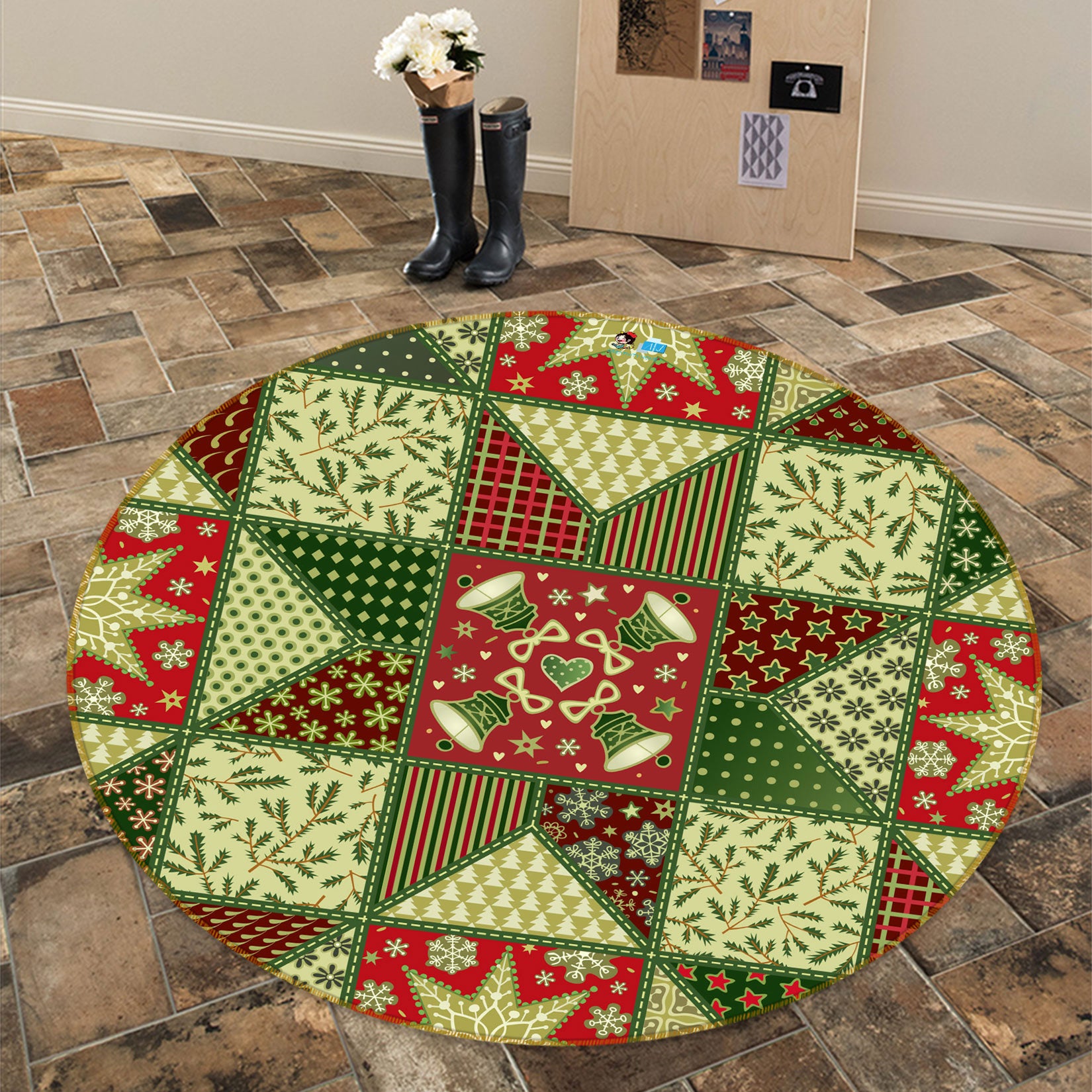 3D Green Pattern 55210 Christmas Round Non Slip Rug Mat Xmas