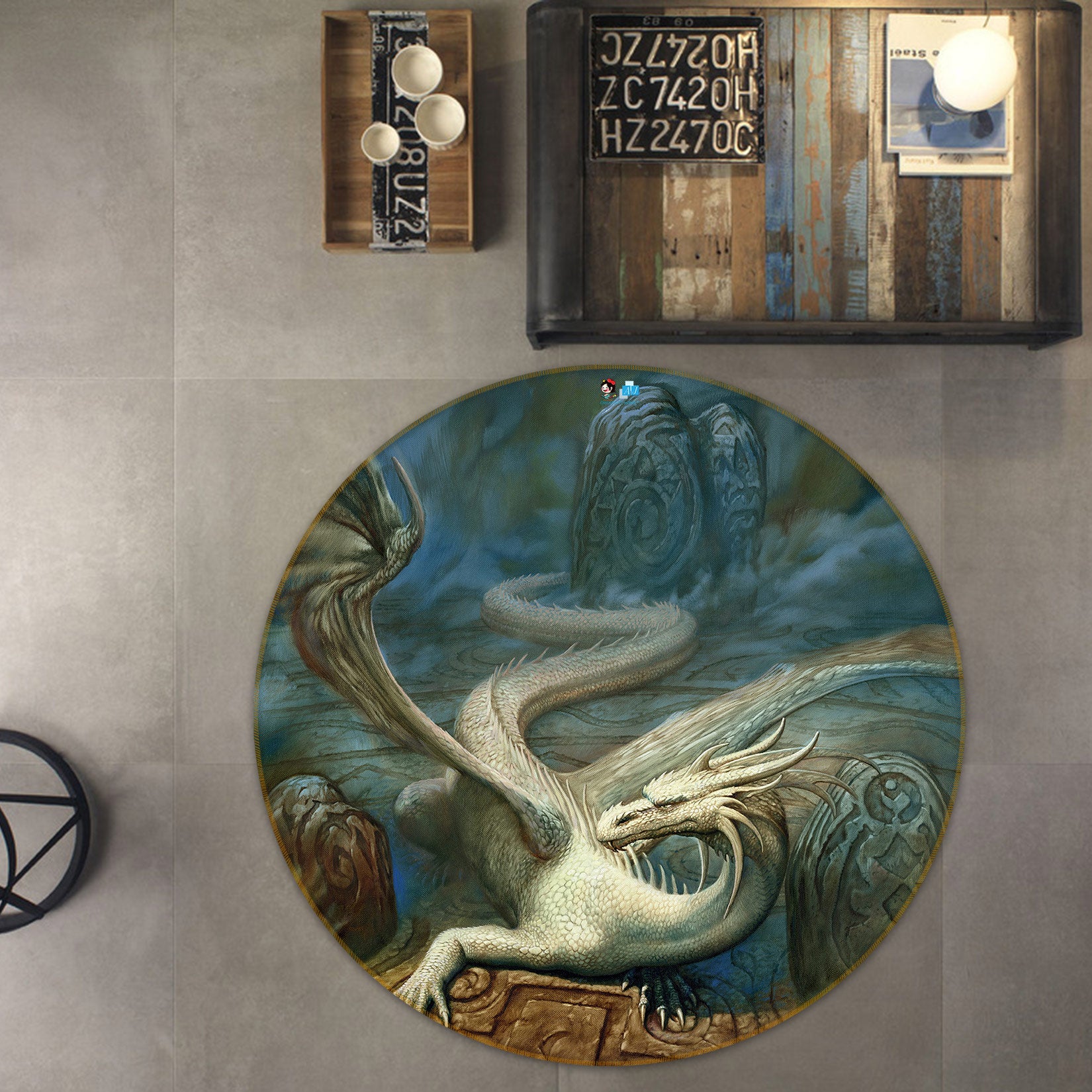 3D White Dragon 6126 Ciruelo Rug Round Non Slip Rug Mat