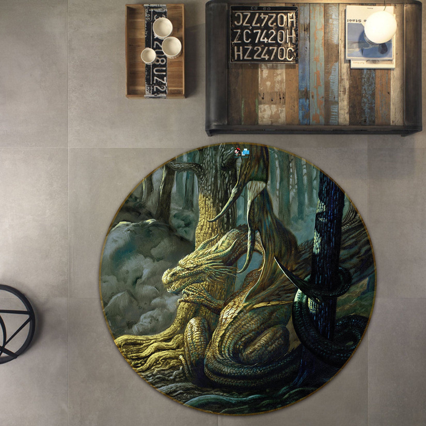 3D Forest Dragon 6131 Ciruelo Rug Round Non Slip Rug Mat