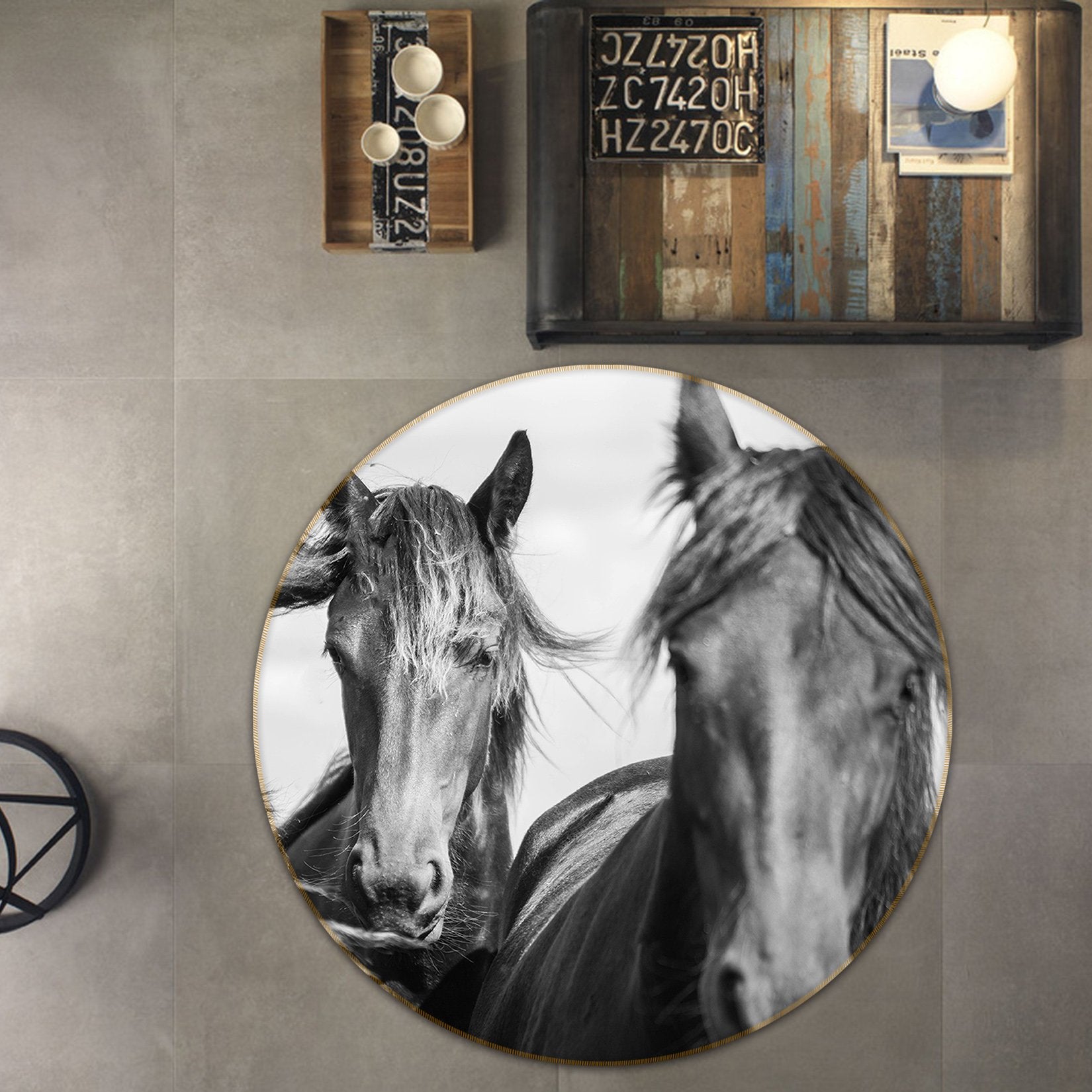 3D Black And White Horse 063 Animal Round Non Slip Rug Mat Mat AJ Creativity Home