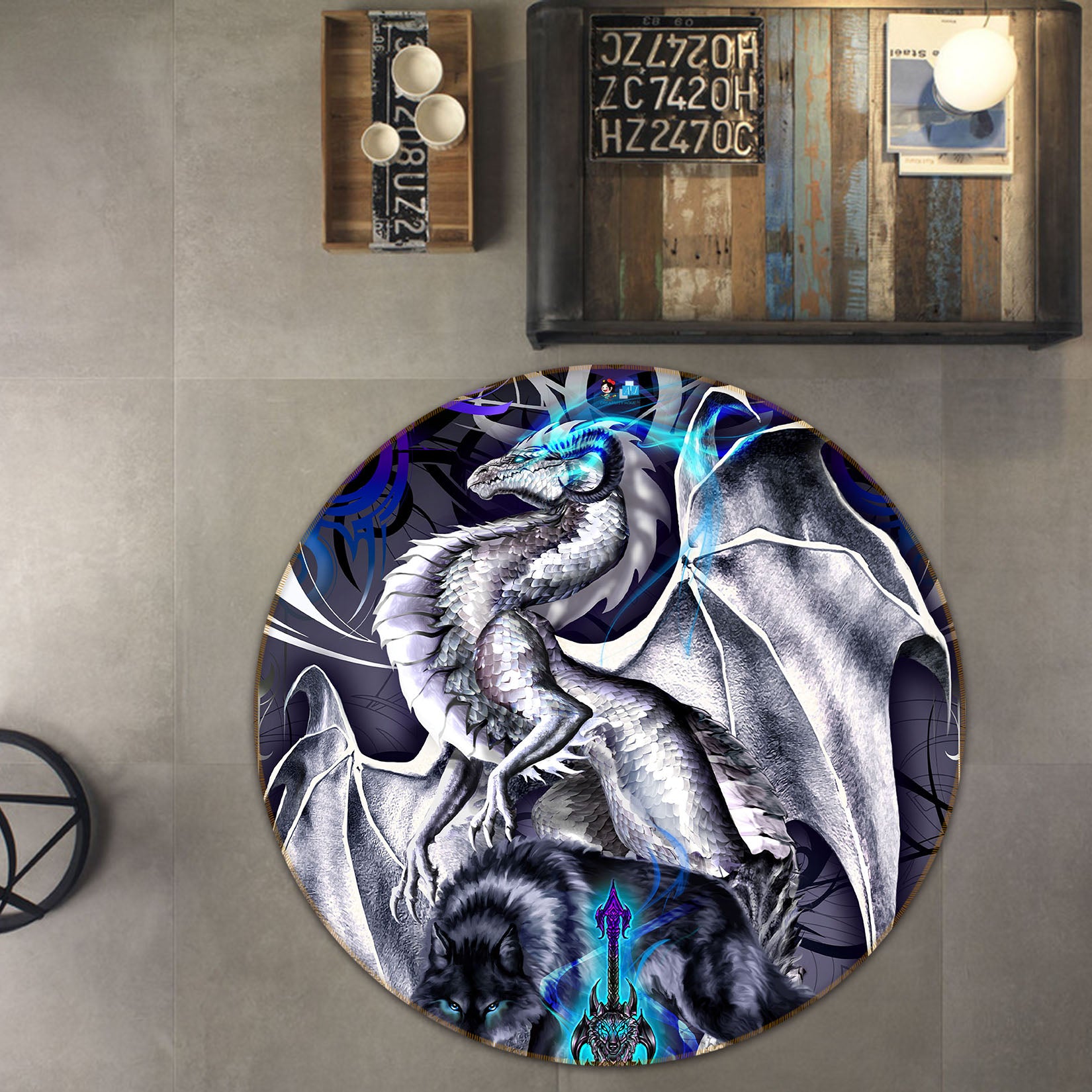 3D Gray Dragon 8368 Ruth Thompson Rug Round Non Slip Rug Mat