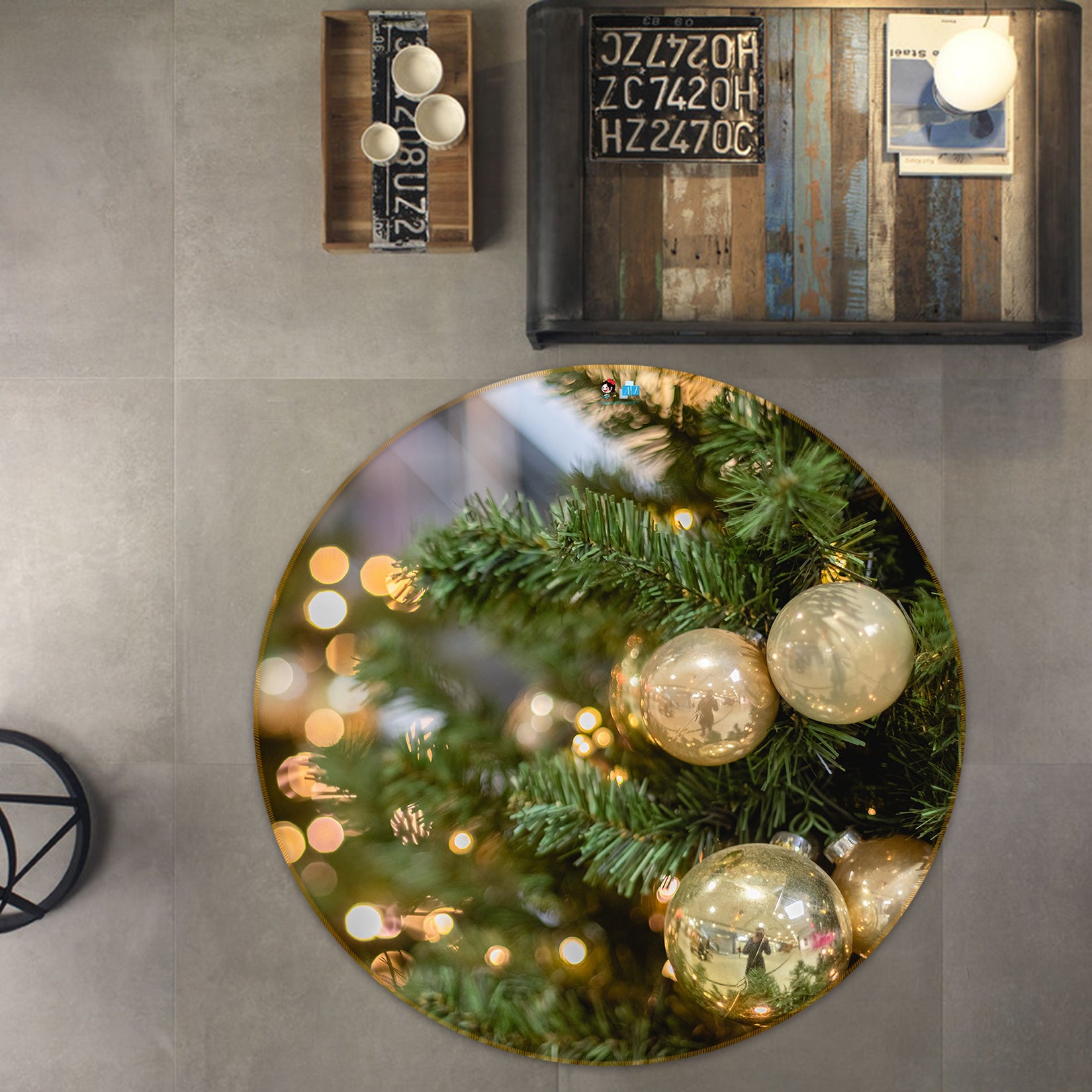 3D Branches White Ball 55255 Christmas Round Non Slip Rug Mat Xmas