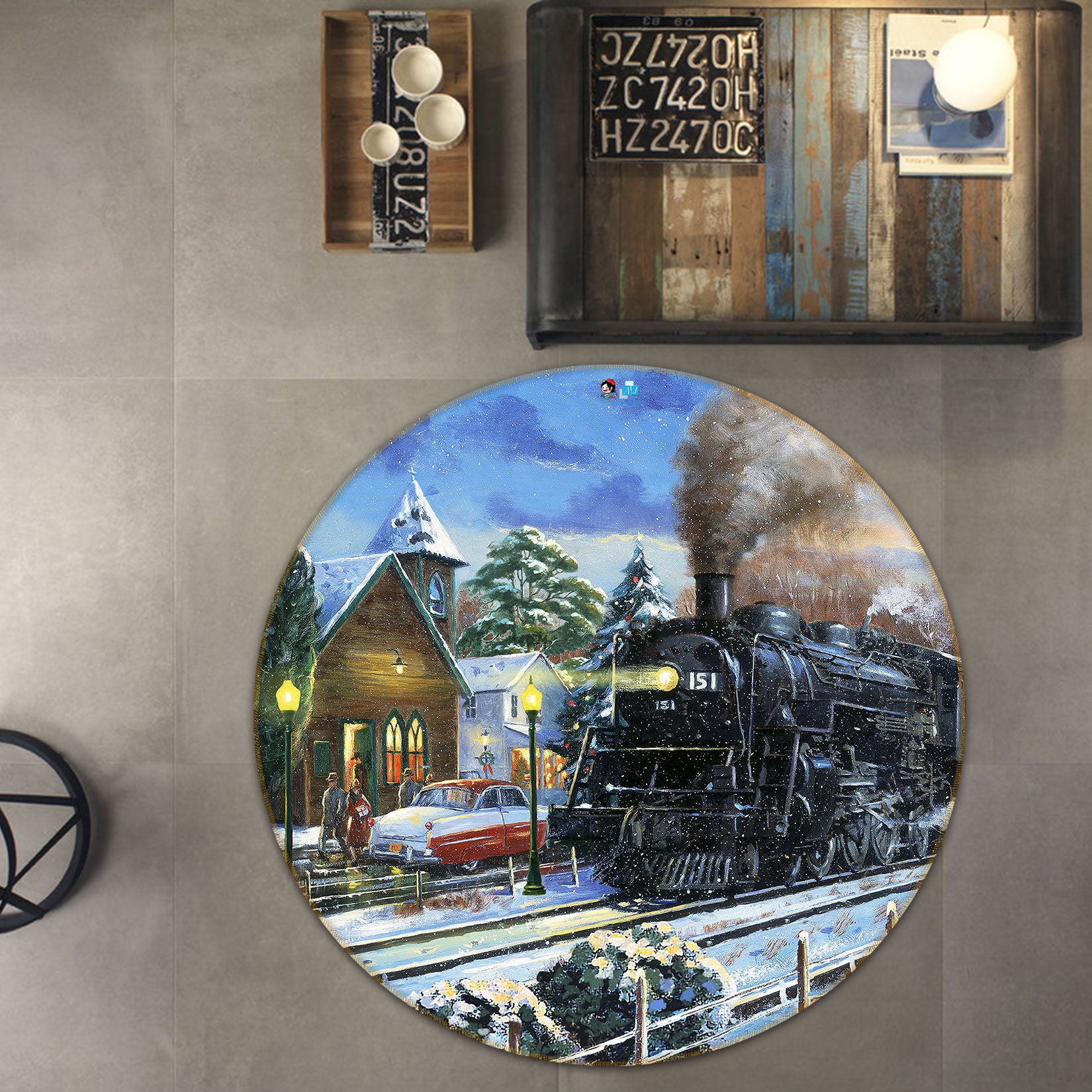 3D Black Train 056 Kevin Walsh Rug Round Non Slip Rug Mat